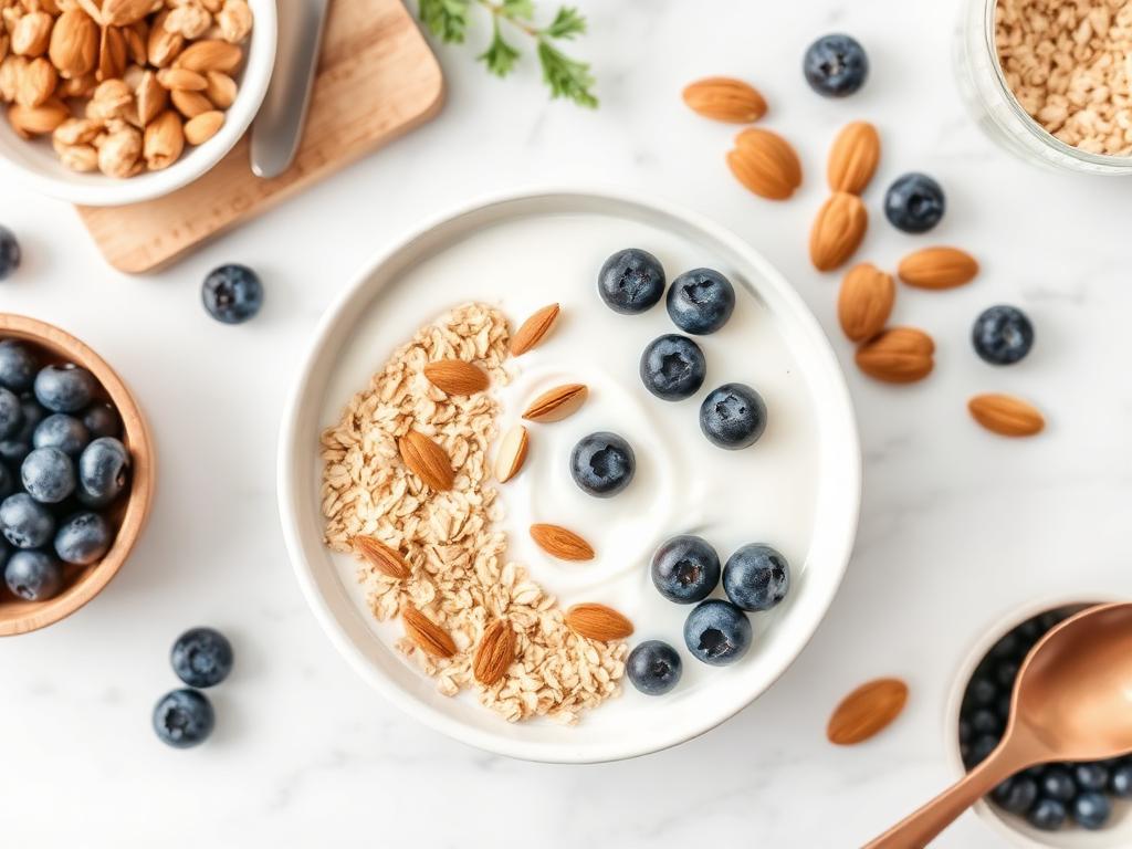 Ontbijt met yoghurt, havermout en bessen